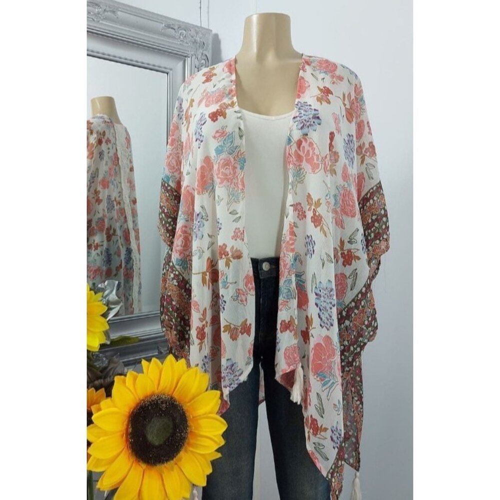 New  Time And Tru Floral Kimono Lace Tassel Boho Open Front Cover Up One Size